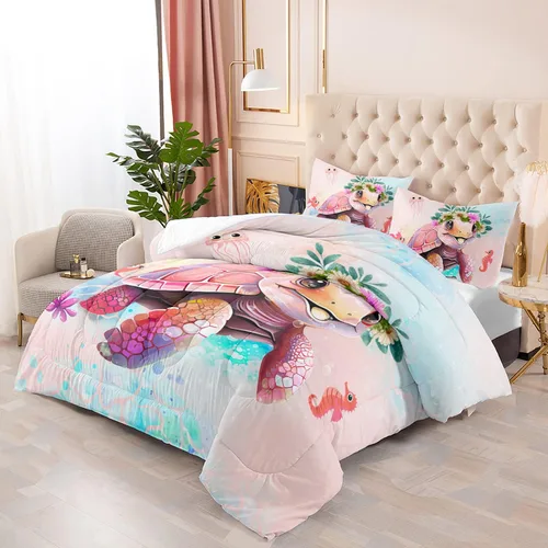 Miniatura 2 de CVHOUSE Juego de edredón Kawaii de tortuga marina, tamaño matrimonial, juego de ropa de cama con temática oceánica para niñas y niños, juego