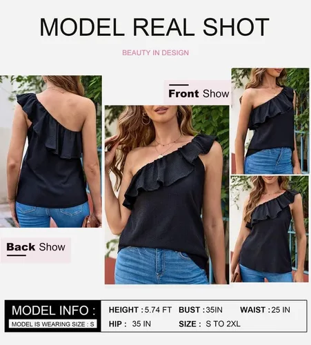 Miniatura 2 de Dokotoo Camiseta sin mangas para mujer, con un hombro descubierto, con volantes, lisas, holgadas
