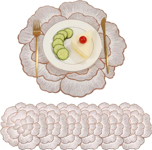 Miniatura 10 de 6 manteles individuales redondos florales de vinilo metálico brillante, resistentes al calor, reutilizables, para decoración de bodas, fiestas