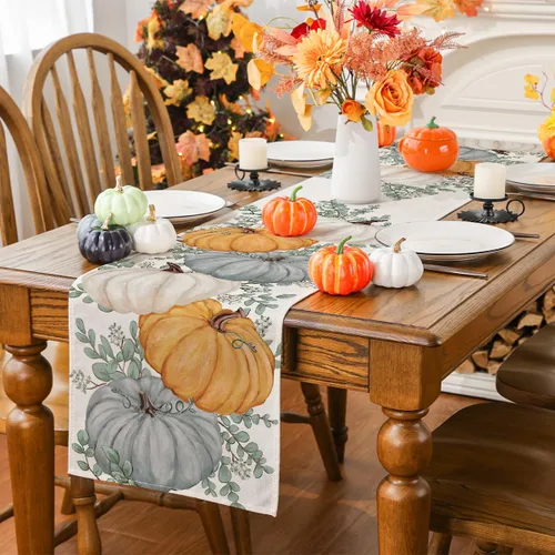 Miniatura 4 de Camino de mesa de otoño, eucalipto y calabaza, camino de mesa para otoño, Acción de Gracias, decoración de fiesta en el hogar, decoración de mesa