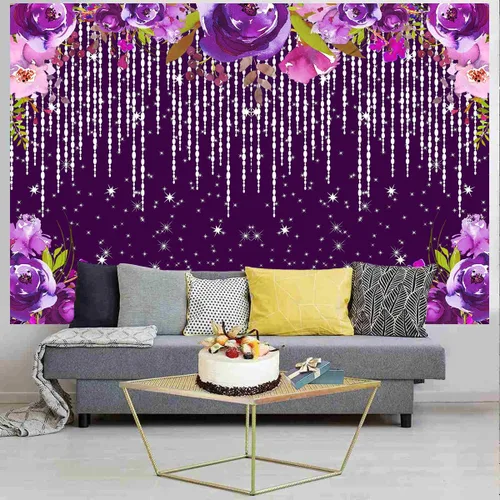 Miniatura 4 de Telón de fondo morado con purpurina de 7 x 5 pies, telón de fondo de acuarela con diamantes plateados brillantes, decoración de fiesta de té Bokeh