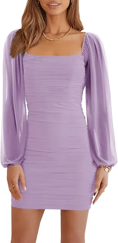 Wenrine Vestido corto de malla de manga larga con cuello cuadrado fruncido para fiesta, club, cóctel, bodycon
