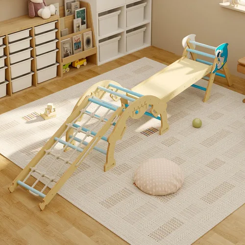 Juguetes de escalada 4 en 1 para niños pequeños con rampa, arco y escalera, juego de triángulos Pikler con construcción de madera, juego de escalada