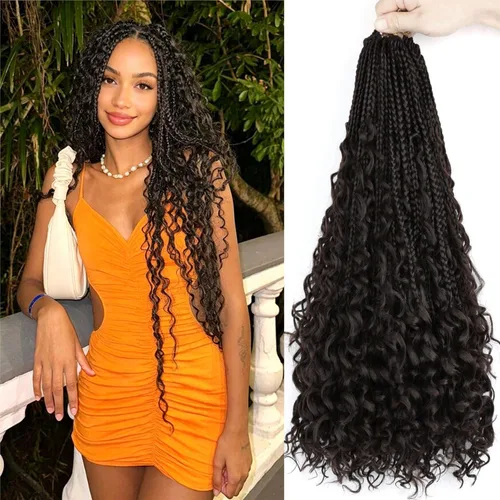LMZIM 18 Pulgadas Trenzas de Caja Bohemias 8 Paquetes Trenzas de Caja de Diosa Bohemia Cabello de Ganchillo con Puntas Rizadas Cabello de Ganchillo