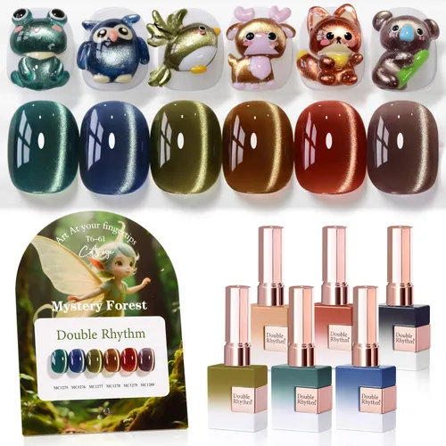 Miniatura 32 de Double Rhythm - Juego de esmalte de uñas de gel ojo de gato de 6 unidades, mismo color, misma botella, 14.8 ml, brillo con glitter, con imán