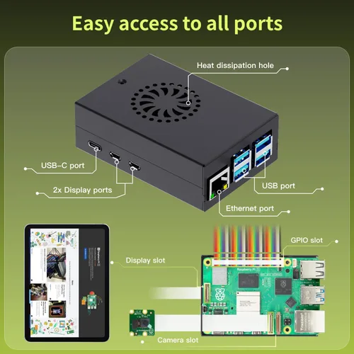 Miniatura 4 de iRasptek Kit básico de inicio para Raspberry Pi 5 4GB RAM- Incluye placa de 4 GB, fuente de alimentación PD de 27 W, caja de metal Pi5 y enfriador