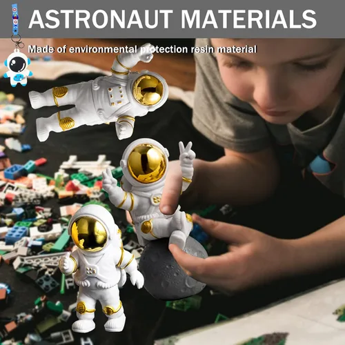 Miniatura 2 de Juego de 4 adornos dorados de estatua de astronauta de poliresina, decoración de 3 piezas de espejo y 1 llavero para habitación, automóvil, tablero