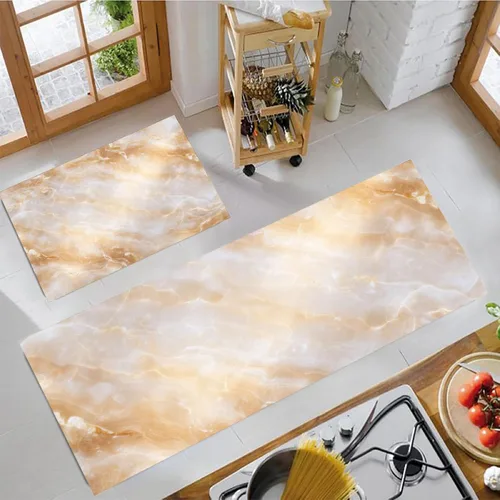 Miniatura 3 de 2Pcs Elegant Marble Texture Kitchen Mats for Floor Beige Retro Aesthetics Printed Non-Slip Washable Rugs Set Runner for Holiday Decor Entrance Porch