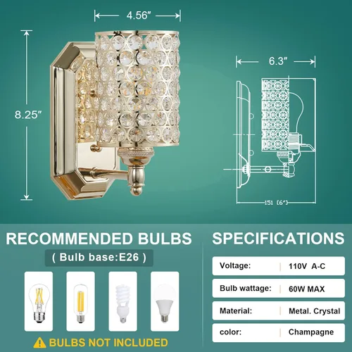 Miniatura 4 de Paquete de 2 lámparas de pared de cristal con acabado champán, lámpara de pared de estilo conciso moderno, pantalla de cristal poliédrico para baño