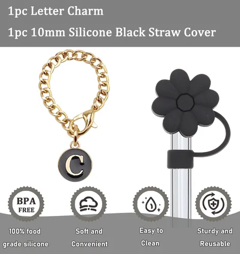 Miniatura 2 de Accesorios para taza Stanley, 1 pieza Cubierta de pajita de silicona con flor para pajita Stanley de 30 y 40 oz con asa y 1 pieza dije con letra
