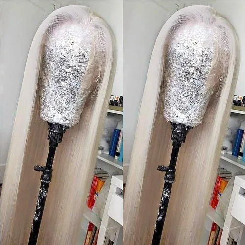 Miniatura 2 de Missyvan - Peluca de encaje frontal de color de cabello blanco, Pelucas de pelo largo y liso Rubio platino, Cabello de fibra resistente al calor