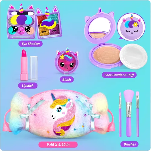 Miniatura 7 de ULOVEME Kit de maquillaje real para niñas con bolso esponjoso, juguete de maquillaje real, no tóxico, lavable, juguetes de Umicorn, regalo