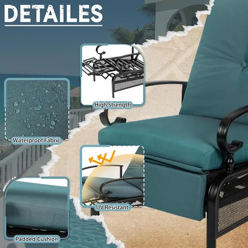 Miniatura 4 de Sillón ajustable para patio, sillón reclinable de metal automático con cojines extraíbles, color azul