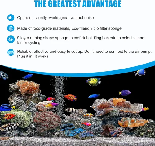 Miniatura 7 de AQQA Filtro de agua de esponja para acuario, filtro bioquímico doble accionado por potencia, filtro de espuma sumergible silencioso con 2 esponjas