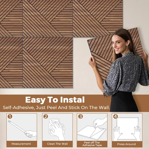 Miniatura 5 de Paneles de pared acústicos 3D autoadhesivos para despegar y pegar, paquete de 8 paneles insonorizados con patrón de madera autoadhesivos de 23.6 x