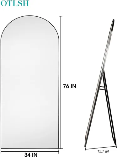 Miniatura 2 de Otlsh - Espejo de piso arqueado, espejo de cuerpo entero de 76"x34" con soporte, independiente, marco de aluminio - Negro