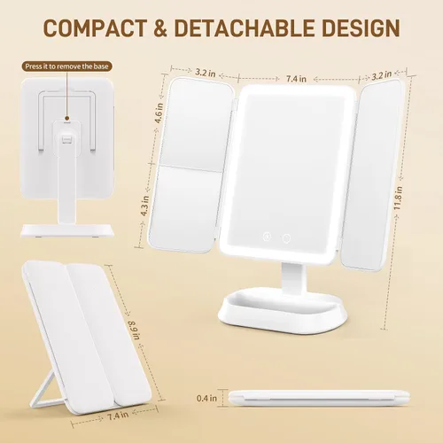 Miniatura 6 de FRANO Espejo de maquillaje plegable de tres pliegues con luces, espejo recargable con aumento de 2X/3X/10X, espejo de tocador portátil
