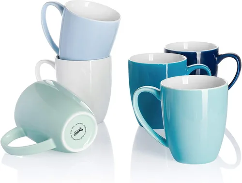 Sweese Tazas de café de porcelana – 12 onzas – Juego de 6, tazas para café con leche, té caliente, capuchino, moca, cacao, multicolor, colores