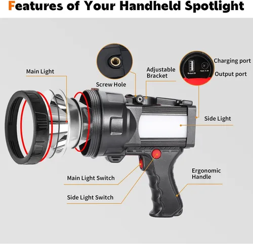 Miniatura 6 de Superbright Linterna LED de Mano Reflector Linterna Potente Luz de Búsqueda Linterna Recargable por USB con Función de Banco de Energía Luz
