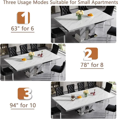 Miniatura 4 de Juego de mesa de comedor de mármol sintético blanco para 10, juego de mesa de comedor extensible de 11 piezas de 63 a 94 pulgadas con 10 sillas