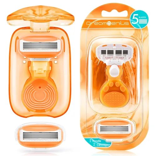 DreamGenius - Maquinas de afeitar de viaje para mujer, incluyen 1 mango y 2 cartuchos, navaja de viaje extra suave de 5 cuchillas con estuche para