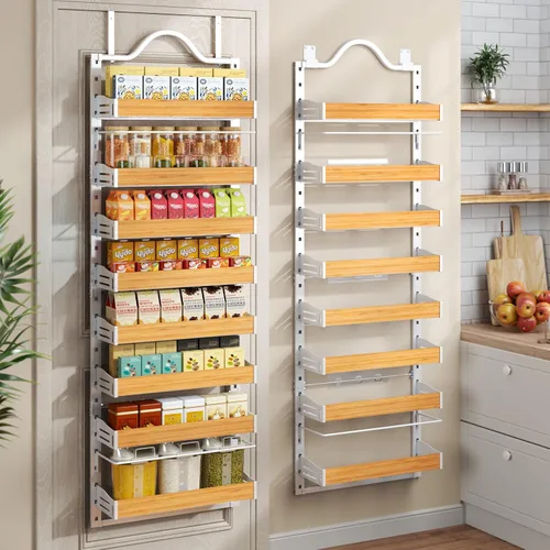 Miniatura 10 de Organizador de especias de 8 niveles para montar en la pared, organizador de despensa sobre la puerta resistente con cesta ajustable de madera