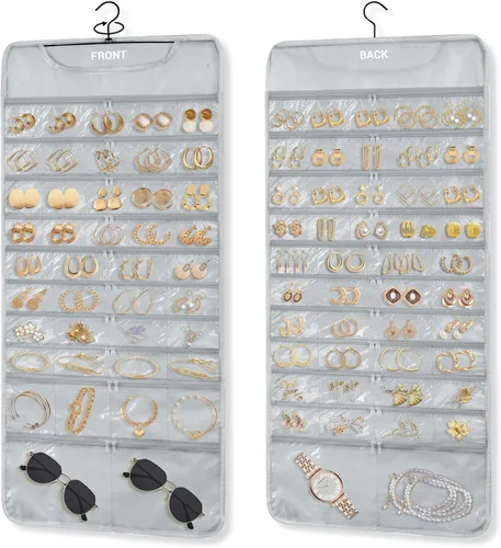 Miniatura 7 de FOREGOER Organizador de joyas colgante de doble cara, 43 bolsillos, organizador grande de accesorios para collares, aretes, (negro)