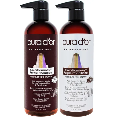 PURA D'OR ColorHarmony - Champú y acondicionador morado (16 oz x 2) Juego de biotina para cabello decolorado, rubio, plateado y tratado con color,