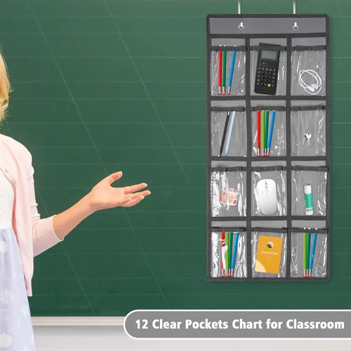 Miniatura 7 de Organizador para colgar sobre la puerta, para el aula, para colgar en la pared, puerta, armario, bolsa de almacenamiento de tela duradera, 12 Gris