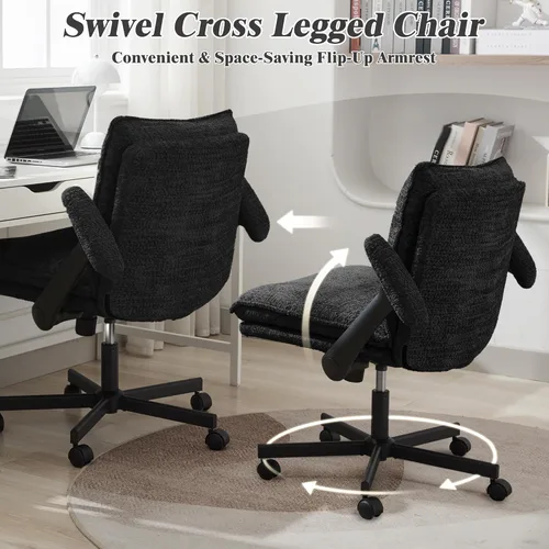Miniatura 3 de Kassipo Silla de oficina con patas cruzadas con ruedas y brazos abatibles, silla de escritorio tapizada con cruz, sillas de asiento ancho para Negro