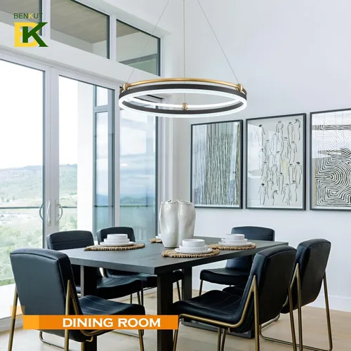 Miniatura 3 de Benkut Lámpara colgante LED moderna D24 pulgadas, color negro dorado, lámpara LED circular regulable, 1 anillo con control remoto, luz colgante