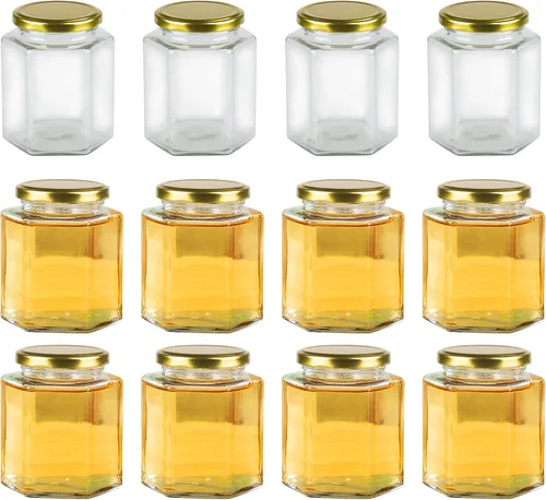 Miniatura 10 de Tarros hexagonales transparentes de 1.5 onzas, pequeños frascos de vidrio para miel con tapas (dorados), tarros Mason para hierbas, alimentos