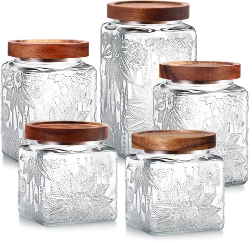 Miniatura 8 de Suclain 5 tarros de vidrio vintage de girasol con tapa hermética de bambú de 17/24/34 onzas, almacenamiento para cocina, encimera, despensa, harina