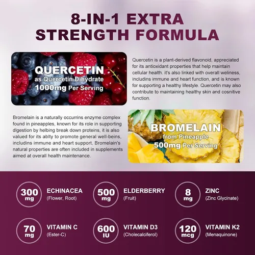 Miniatura 4 de Gomitas de quercetina con bromelina de 2378 mg, mezcla con extracto de saúco, equinácea purpura, zinc, vitamina C, D3, K2, complejo apoya el sistema