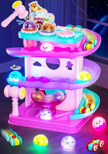 Funwee Pista de bola rodante y coche de carreras de 2 en 1 para niños pequeños, pista de carreras con luz martillo y bola de caída, juego