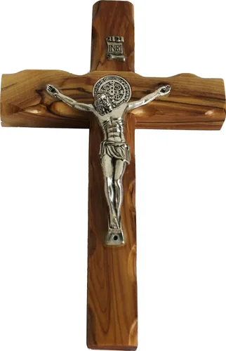 Miniatura 13 de Holy Land Market Crucifijo de pared de madera de olivo celta de 6 pulgadas, hecho a mano en Belén con medalla de metal de San Benito