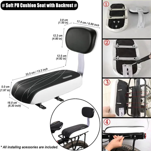 Miniatura 2 de Kit de asiento infantil para bicicleta, incluye cojín de asiento trasero de bicicleta con respaldo de ciclismo de seguridad + reposabrazos de 01