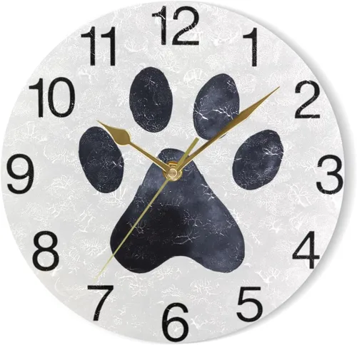 Miniatura 7 de senya Reloj de pared redondo con diseño de pata de perro negro, pintura al óleo silenciosa sin tictac, decorativo para el hogar, oficina, escuela
