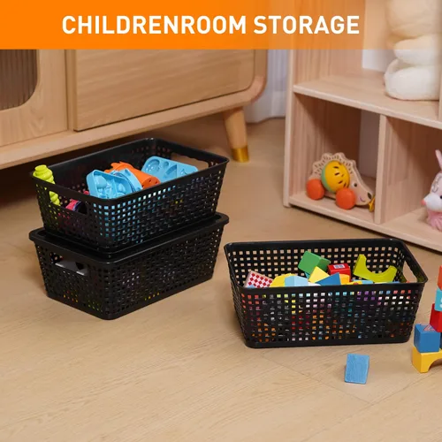 Miniatura 7 de Cestas de almacenamiento de plástico con tapa, contenedores de almacenamiento para organizar, contenedores decorativos apilables para estantes, Negro
