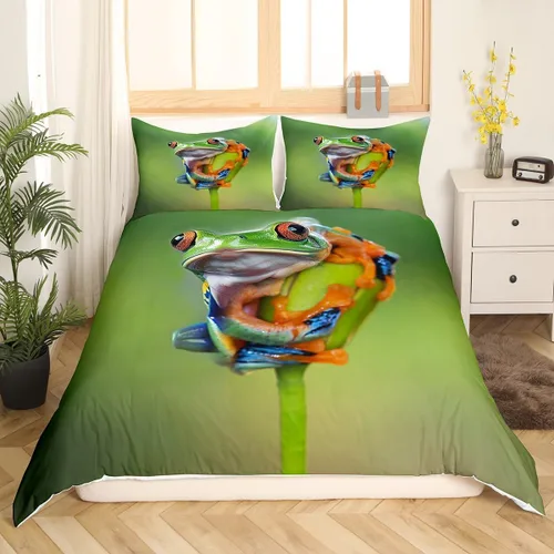 Miniatura 9 de Erosebridal Juego de funda de edredón de rana 3D, tamaño individual, juego de ropa de cama de rana de árbol de ojos rojos, funda de edredón