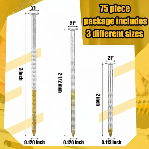 Miniatura 2 de Therwen 75 unidades de clavos de marco de 21 grados, con vástago de anillo, para uso en todos los maderas tratados a presión, cabeza D plana