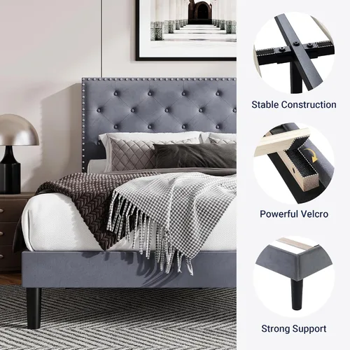 Miniatura 5 de Allewie Base de cama tapizada de terciopelo tamaño King con botón de diamante ajustable y cabecera con ribete de clavos, soporte de listones de Gris