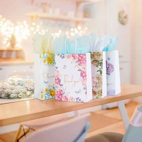 Miniatura 2 de Kesote Bolsas pequeñas de regalo de agradecimiento, paquete de 12 bolsas de agradecimiento con diseño floral con asas, 8.6 x 6.2 x 3 pulgadas