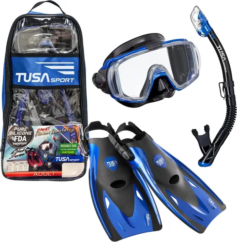 TUSA Sport Black Series Visio Tri-Ex - Juego de máscara de viaje para adultos, esnórquel seco y aletas