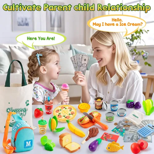 Miniatura 2 de Juegos de comida de juego de simulación para niños pequeños, juego de tienda de comestibles para niños con bolsas de compras, calculadora, cortar