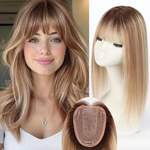 Miniatura 22 de HAIRCUBE Pelucas de cabello humano 100% con flequillo, densidad 150%, base de seda, clip en la parte superior, pelucas de cabello superior