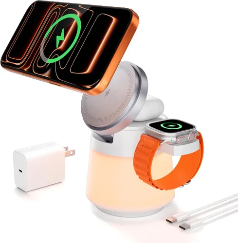 Cargador inalámbrico 3 en 1, soporte de cargador inalámbrico magnético con luz nocturna, rotación de 360°, estación de carga portátil de viaje,