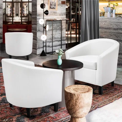 Miniatura 2 de Yaheetech Silla decorativa, sillón de piel sintética, tumbona con acolchado suave y patas de madera para sala de estar, color blanco, juego de 2