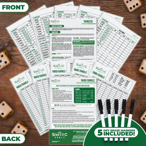 Miniatura 3 de SWOOC Games® - 5 tarjetas de puntuación grandes laminadas prémium Yardzee y Farkle (11.5 x 8 pulgadas) con reglas - Almohadillas grandes