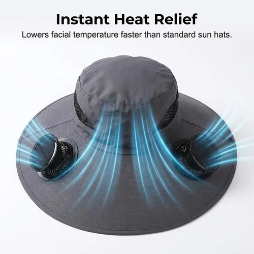 Miniatura 3 de Sombrero de ventilador alimentado por energía solar, con 2 ventiladores de carga solar USB extraíbles, sombrero de ala ancha para pesca al aire